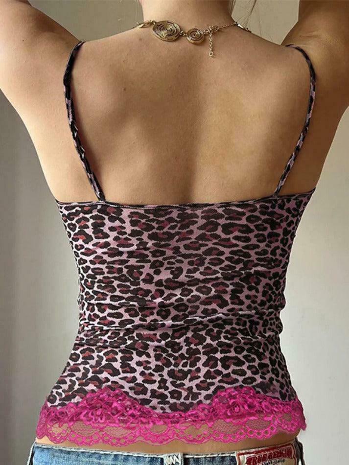 Leopard Print Lace Cami: Y2K Fashion Coquette Aesthetic Cute Tops Grunge Style Cargo Skirt