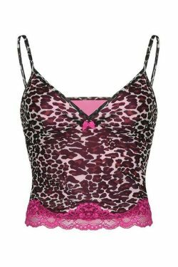 Leopard Print Lace Cami: Y2K Fashion Coquette Aesthetic Cute Tops Grunge Style Cargo Skirt