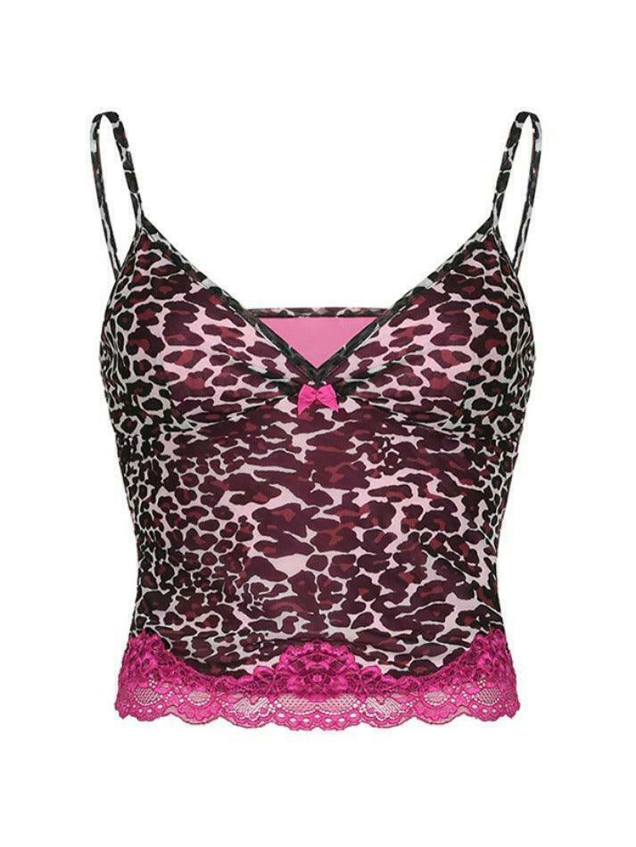 Leopard Print Lace Cami: Y2K Fashion Coquette Aesthetic Cute Tops Grunge Style Cargo Skirt