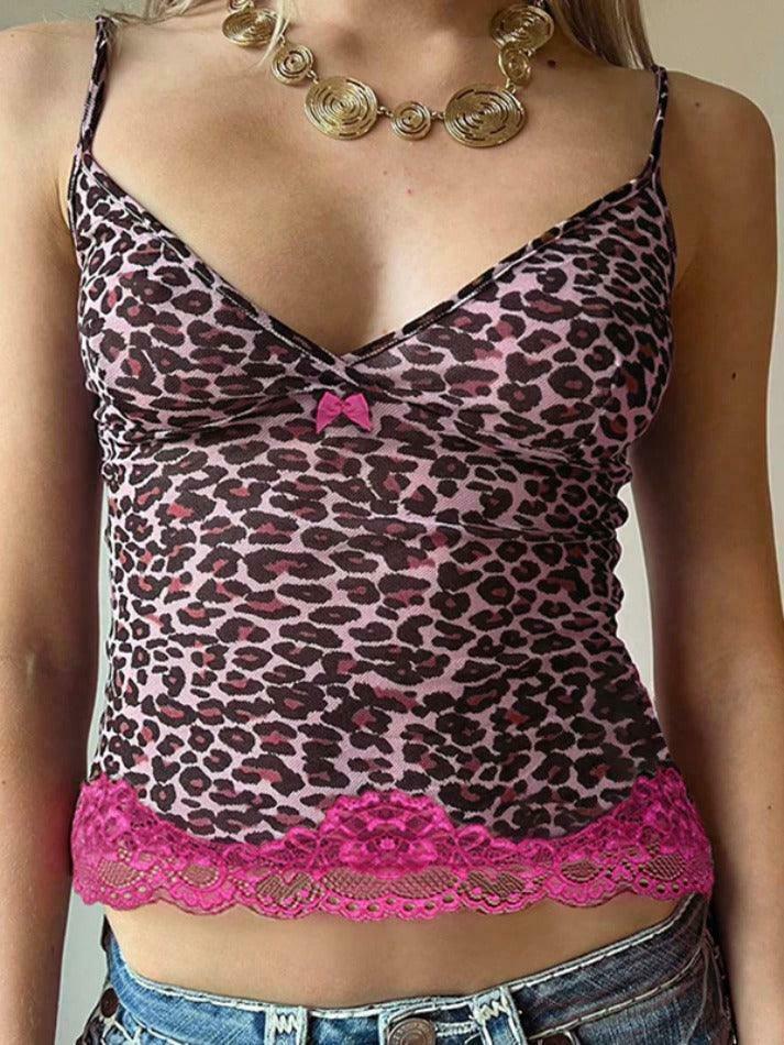 Leopard Print Lace Cami: Y2K Fashion Coquette Aesthetic Cute Tops Grunge Style Cargo Skirt