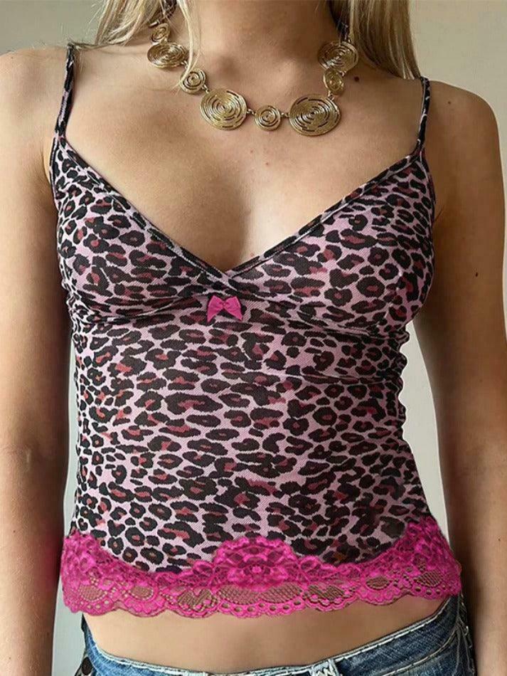 Leopard Print Lace Cami: Y2K Fashion Coquette Aesthetic Cute Tops Grunge Style Cargo Skirt