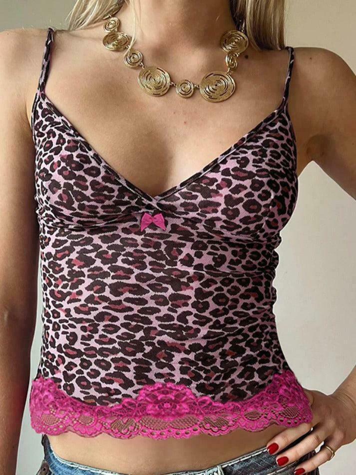 Leopard Print Lace Cami: Y2K Fashion Coquette Aesthetic Cute Tops Grunge Style Cargo Skirt