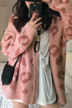 Leopard Print Loose Cardigan for Y2K Fashion Enthusiasts