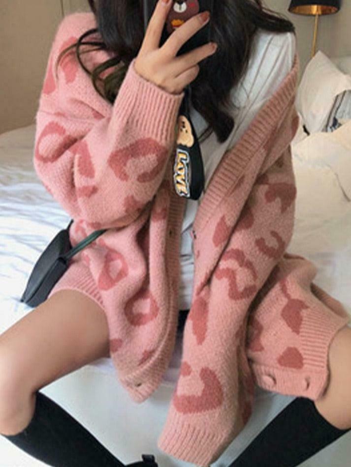 Leopard Print Loose Cardigan for Y2K Fashion Enthusiasts Leopard Print Loose Cardigan for Y2K Fashion Enthusiasts