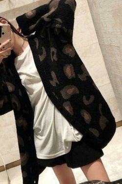 Leopard Print Loose Cardigan for Y2K Fashion Enthusiasts