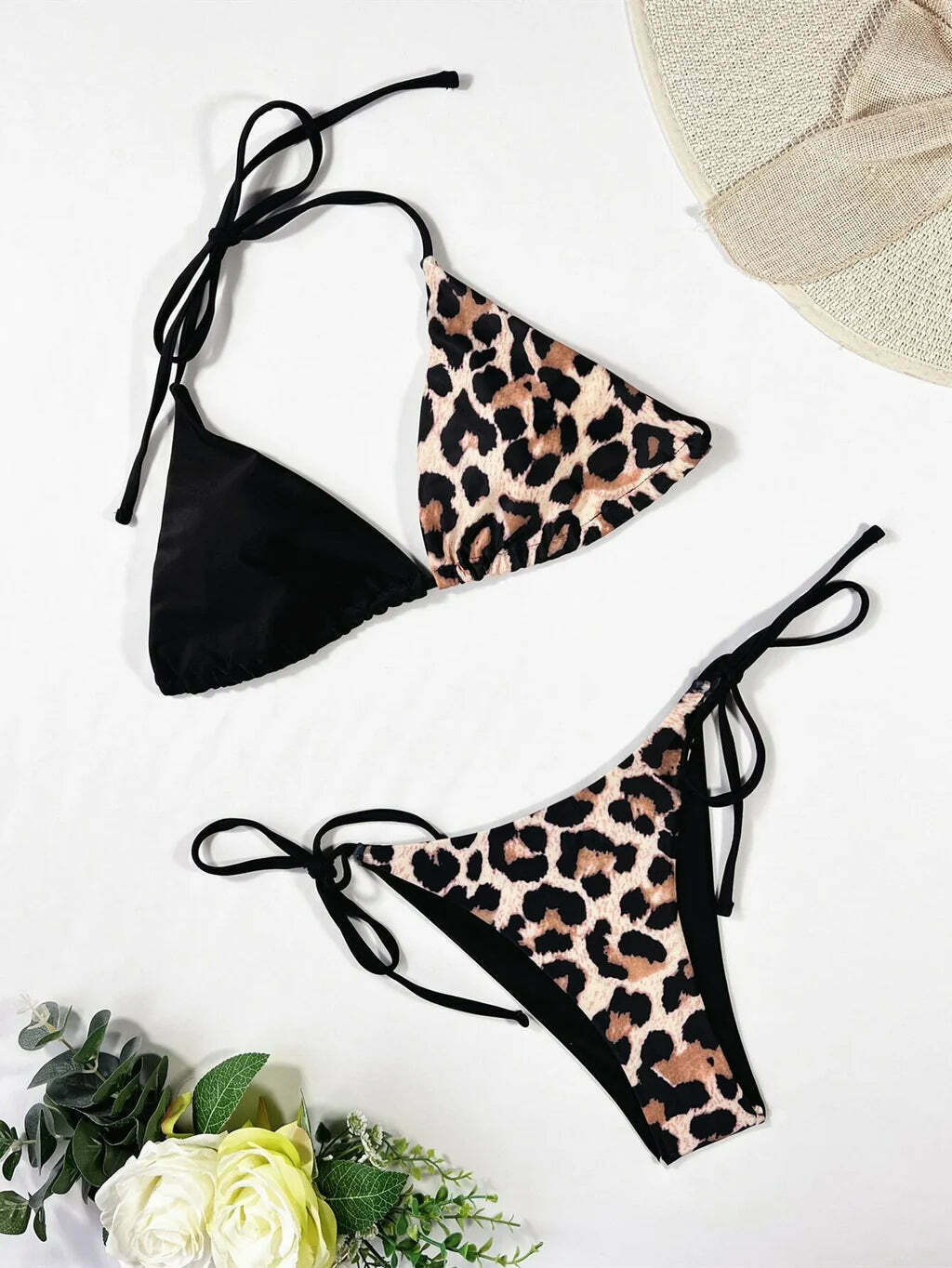 Leopard Print Sexy Halter Bikini - Y2K Fashion Swimwear for Women
