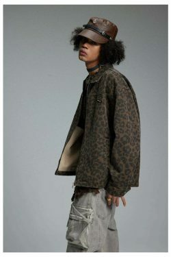 Leopard Print Trucker Jacket with Zipper - Y2K Fashion Statement for Women