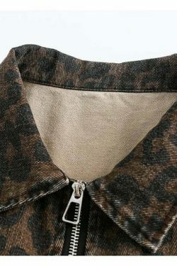 Leopard Print Trucker Jacket with Zipper - Y2K Fashion Statement for Women