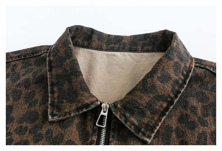 Leopard Print Trucker Jacket with Zipper - Y2K Fashion Statement for Women Leopard Print Trucker Jacket with Zipper - Y2K Fashion Statement for Women