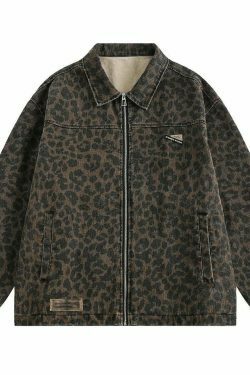 Leopard Print Trucker Jacket with Zipper - Y2K Fashion Statement for Women