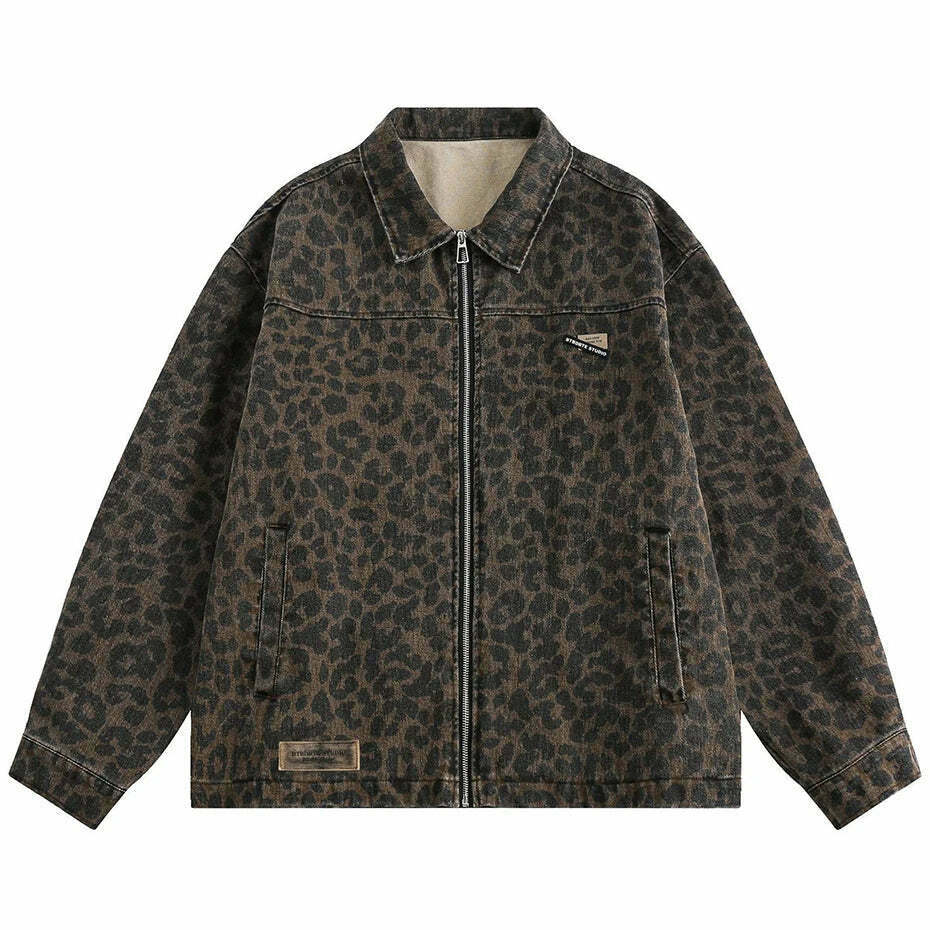 Leopard Print Trucker Jacket with Zipper - Y2K Fashion Statement for Women Leopard Print Trucker Jacket with Zipper - Y2K Fashion Statement for Women