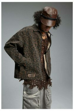 Leopard Print Trucker Jacket with Zipper - Y2K Fashion Statement for Women