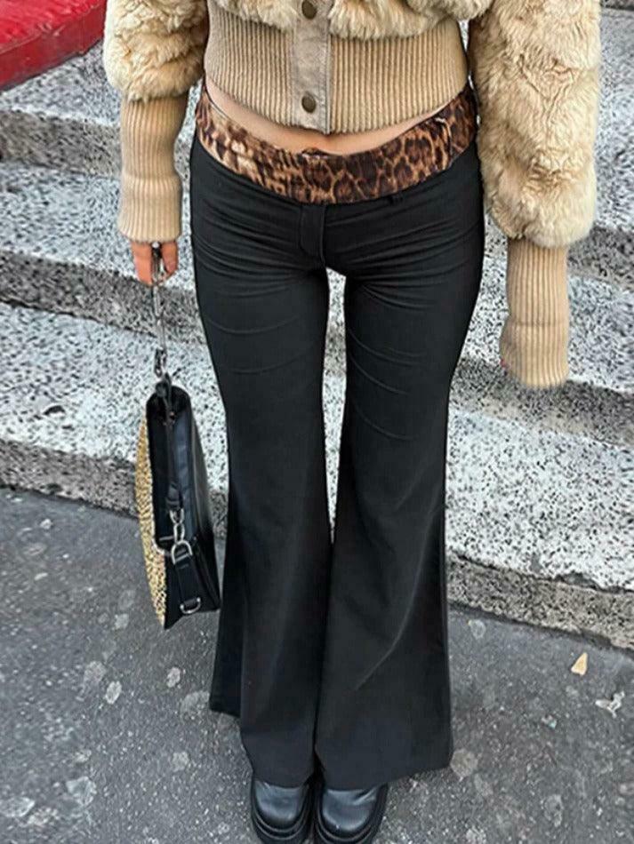 Leopard Splice Flare Leg Pants for Y2K Fashion Enthusiasts Leopard Splice Flare Leg Pants for Y2K Fashion Enthusiasts