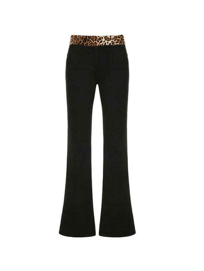 Leopard Splice Flare Leg Pants for Y2K Fashion Enthusiasts Leopard Splice Flare Leg Pants for Y2K Fashion Enthusiasts