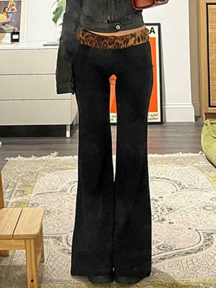 Leopard Splice Flare Leg Pants for Y2K Fashion Enthusiasts Leopard Splice Flare Leg Pants for Y2K Fashion Enthusiasts