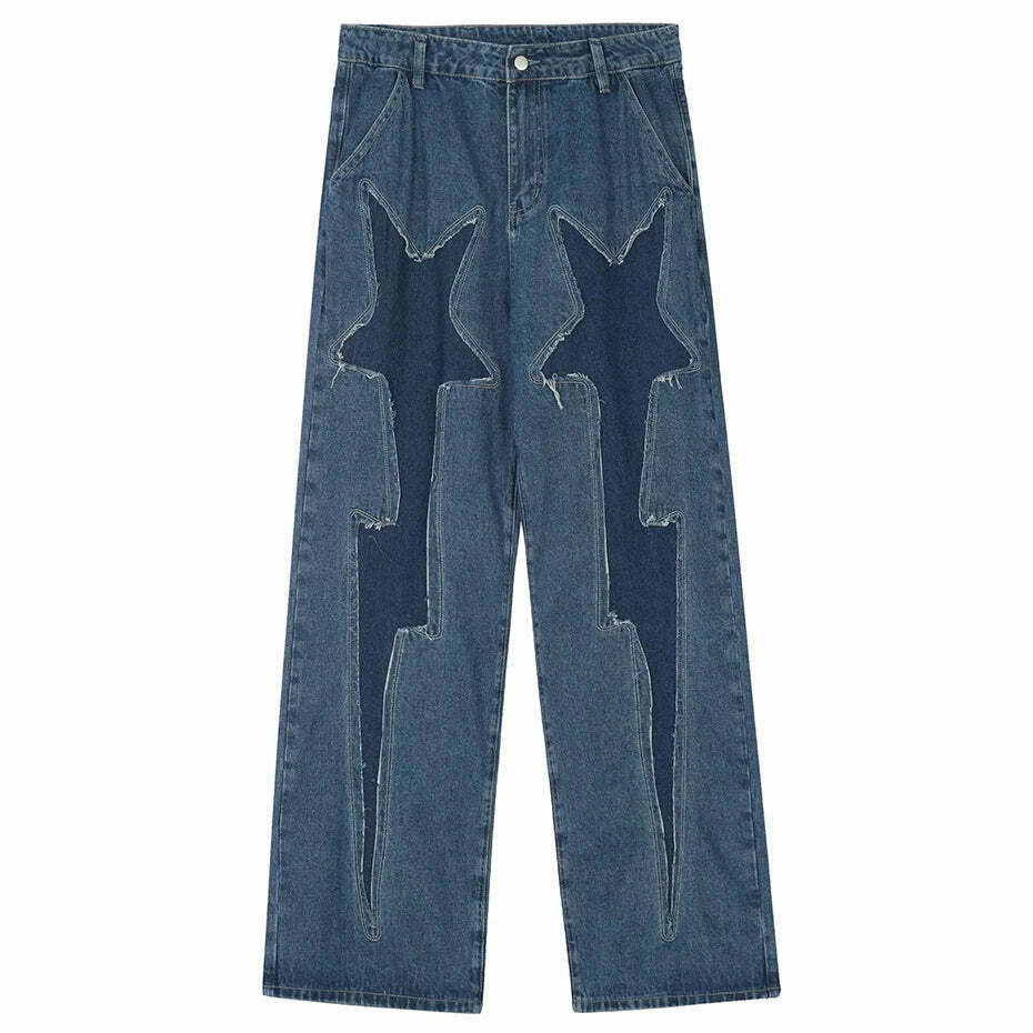Lightning Star Patch Baggy Jeans - Y2K Fashion Statement with Unique Aesthetic Appeal Lightning Star Patch Baggy Jeans - Y2K Fashion Statement with Unique Aesthetic Appeal