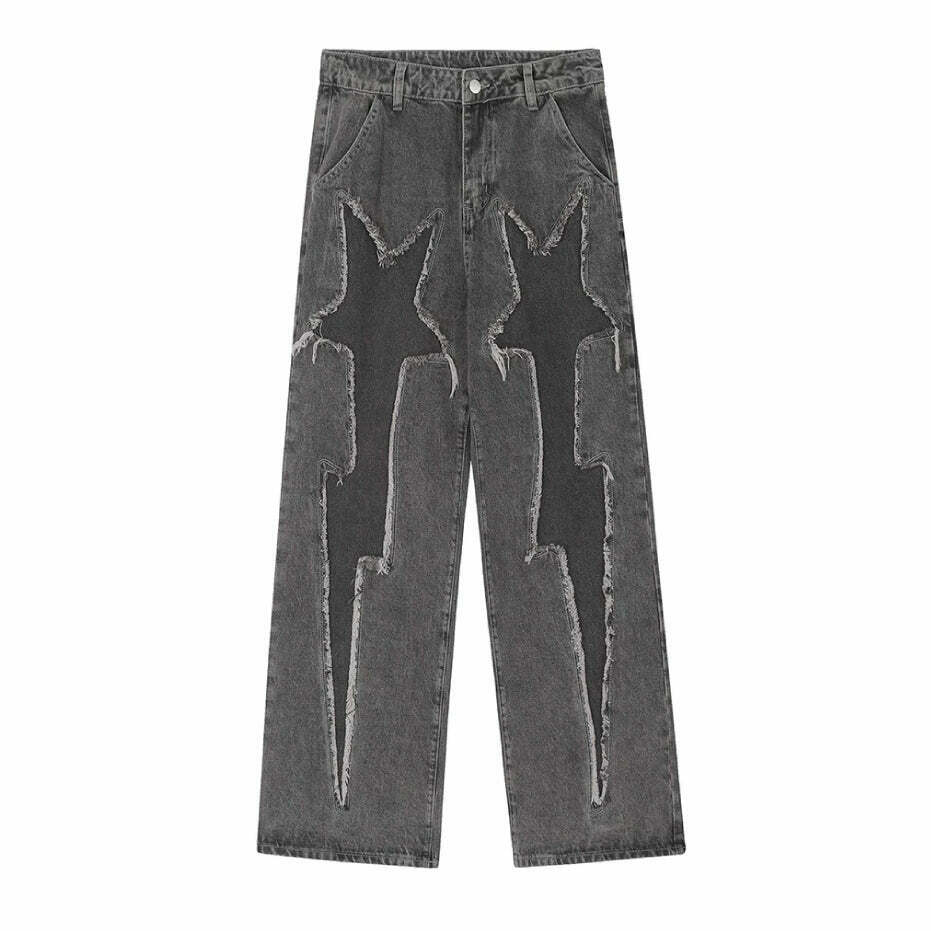 Lightning Star Patch Baggy Jeans - Y2K Fashion Statement with Unique Aesthetic Appeal Lightning Star Patch Baggy Jeans - Y2K Fashion Statement with Unique Aesthetic Appeal