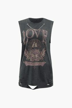 Love Flower Distressed Sleeveless Tee - Y2K Fashion Aesthetic Top for Women