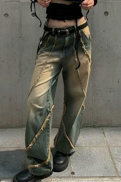 Low Rise Washed Furry-Trim Straight-Fit Jeans for Coquette Aesthetic Fashion