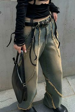 Low Rise Washed Furry-Trim Straight-Fit Jeans for Coquette Aesthetic Fashion