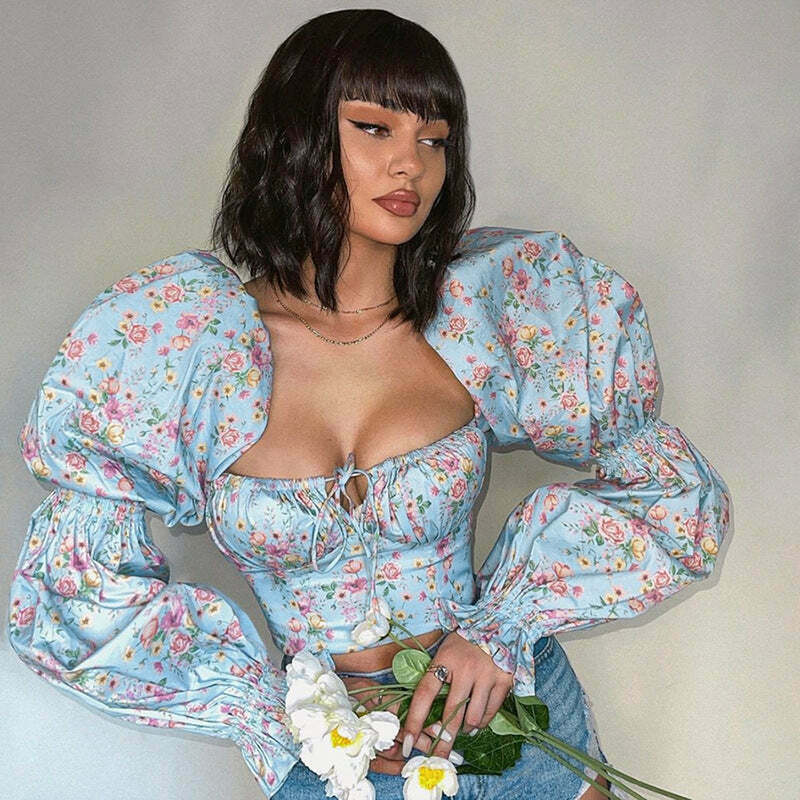 Lucia Puffed Sleeves Top - Y2K Coquette Grunge Aesthetic Cute Tops Pastel Goth Cargo Skirt