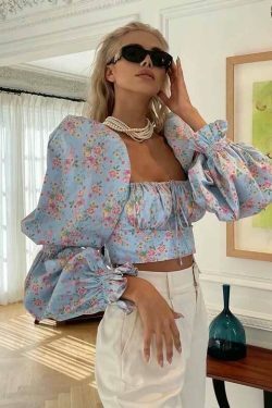 Lucia Puffed Sleeves Top - Y2K Coquette Grunge Aesthetic Cute Tops Pastel Goth Cargo Skirt