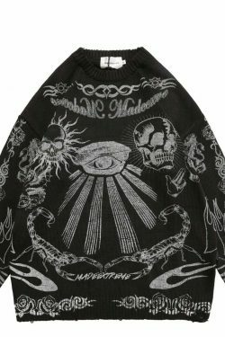 MADE EXTREME Tattoo Print Oversized Sweater - Y2K Aesthetic Coquette Fashion for Women
