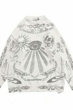 MADE EXTREME Tattoo Print Oversized Sweater - Y2K Aesthetic Coquette Fashion for Women