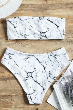 Marble Bandeau Bikini Set with High Waist - Y2K Fashion Swimwear for Women