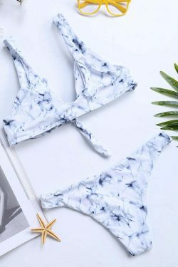 Marble Print Backless Tie-Front Bowknot Soft Bikini Beach Swimsuit