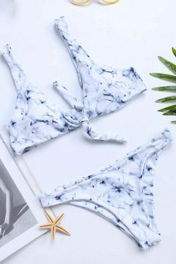 Marble Print Backless Tie-Front Bowknot Soft Bikini Beach Swimsuit