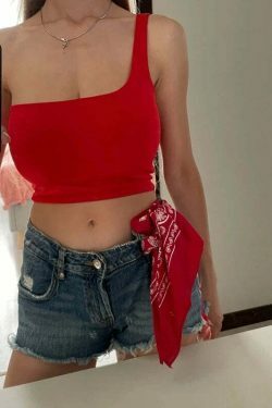 Margot One Shoulder Tank Top - Y2K Coquette Grunge Aesthetic Cute Tops Pastel Goth Cargo Skirt