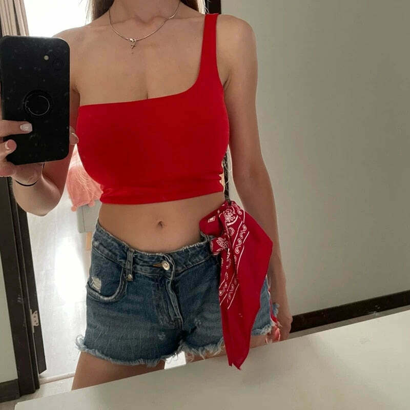 Margot One Shoulder Tank Top - Y2K Coquette Grunge Aesthetic Cute Tops Pastel Goth Cargo Skirt