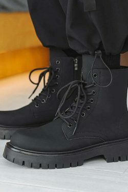 Matte Black Chunky Lace-Up Boots for Y2K Fashion Enthusiasts