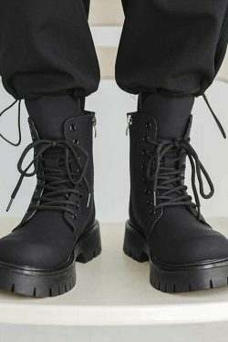 Matte Black Chunky Lace-Up Boots for Y2K Fashion Enthusiasts