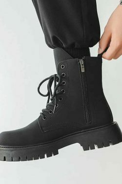 Matte Black Chunky Lace-Up Boots for Y2K Fashion Enthusiasts
