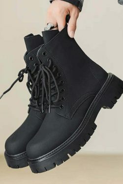 Matte Black Chunky Lace-Up Boots for Y2K Fashion Enthusiasts