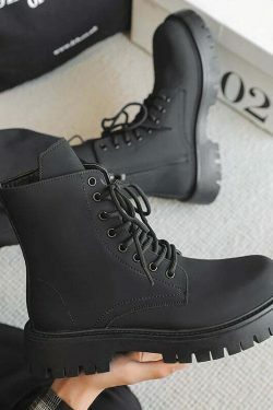 Matte Black Chunky Lace-Up Boots for Y2K Fashion Enthusiasts