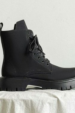 Matte Black Chunky Lace-Up Boots for Y2K Fashion Enthusiasts