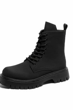 Matte Black Chunky Lace-Up Boots for Y2K Fashion Enthusiasts