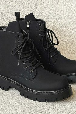 Matte Black Chunky Lace-Up Boots for Y2K Fashion Enthusiasts