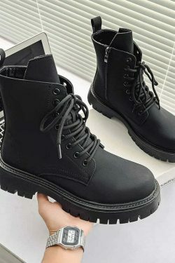 Matte Black Chunky Lace-Up Boots for Y2K Fashion Enthusiasts