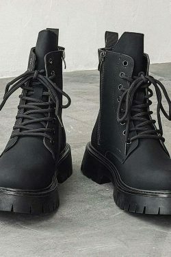 Matte Black Chunky Lace-Up Boots for Y2K Fashion Enthusiasts