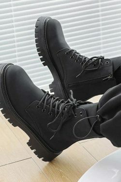 Matte Black Chunky Lace-Up Boots for Y2K Fashion Enthusiasts