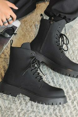 Matte Black Chunky Lace-Up Boots for Y2K Fashion Enthusiasts