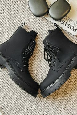 Matte Black Chunky Lace-Up Boots for Y2K Fashion Enthusiasts