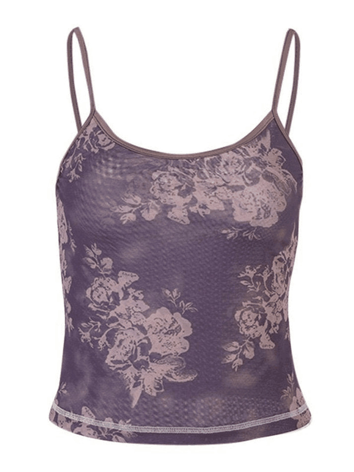 Mesh Floral Crop Cami Top - Y2K Fashion Aesthetic for Women - Coquette Style Grunge Outfits Mesh Floral Crop Cami Top - Y2K Fashion Aesthetic for Women - Coquette Style Grunge Outfits
