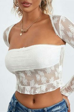 Meshed Petals Lace Top - Y2K Fashion Coquette Aesthetic Grunge Style Cute Tops Pastel Goth