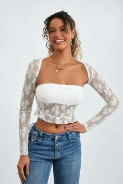 Meshed Petals Lace Top - Y2K Fashion Coquette Aesthetic Grunge Style Cute Tops Pastel Goth