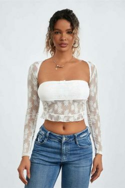 Meshed Petals Lace Top - Y2K Fashion Coquette Aesthetic Grunge Style Cute Tops Pastel Goth